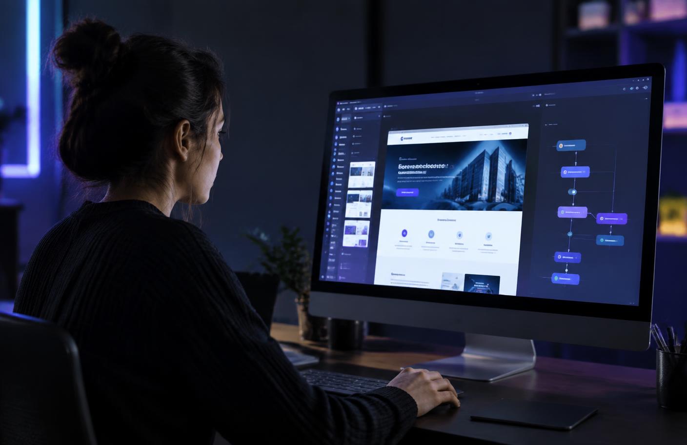 Web designer creating an AI-powered business website and automation workflow on a desktop monitor.