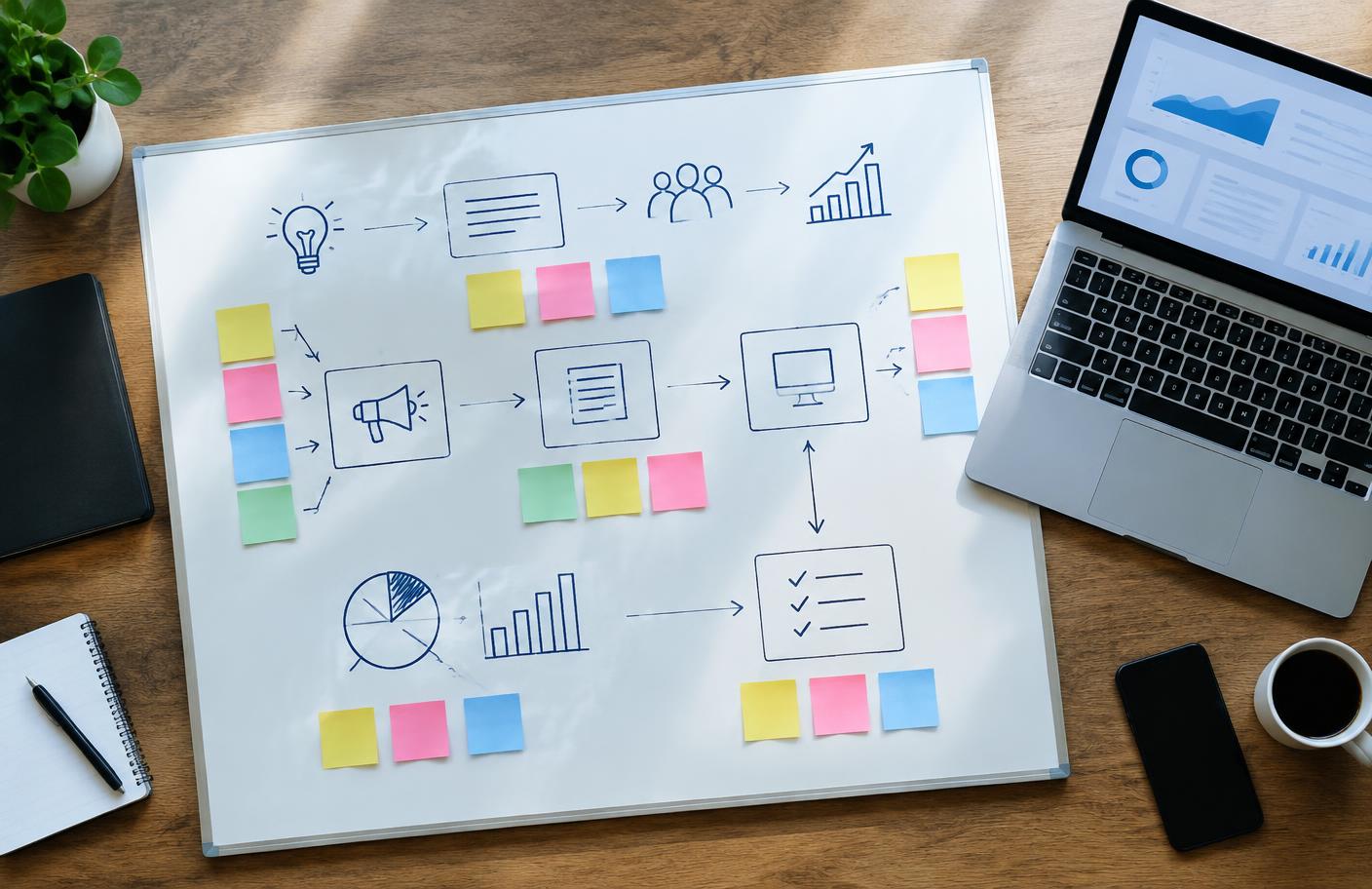Digital marketing campaign workflow mapped on a whiteboard alongside an open laptop showing campaign data.