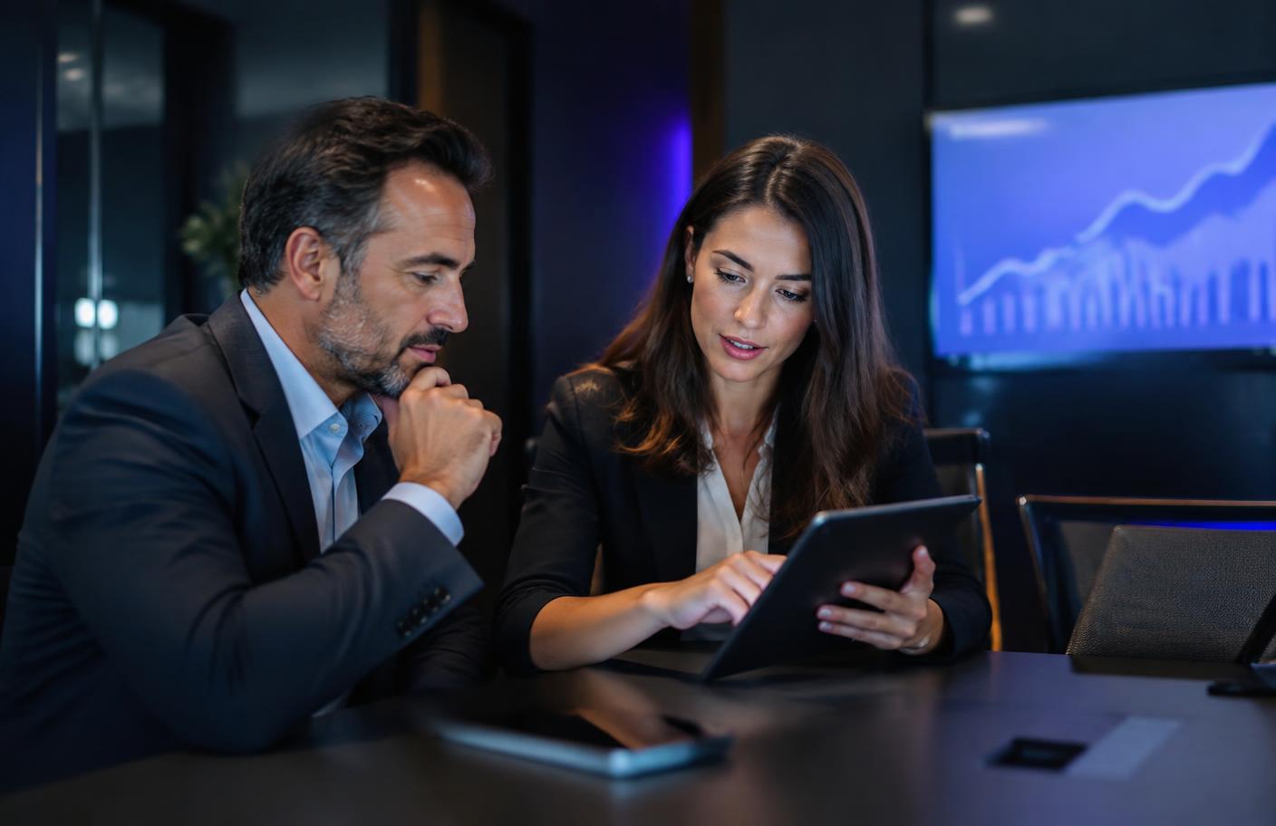 Business owner and consultant reviewing customer feedback trends on a tablet.
