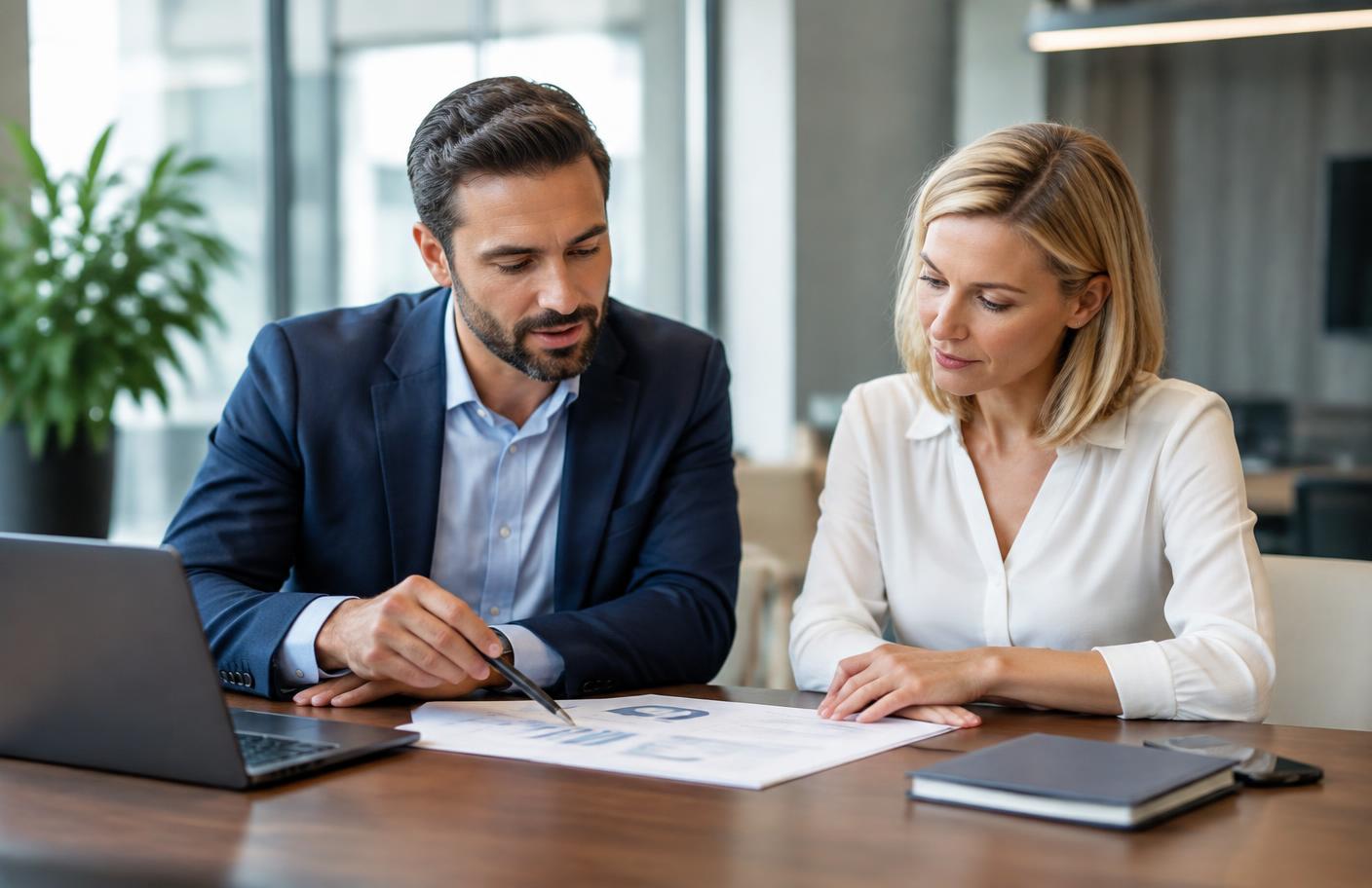 Digital marketing strategist discussing campaign performance with business clients.