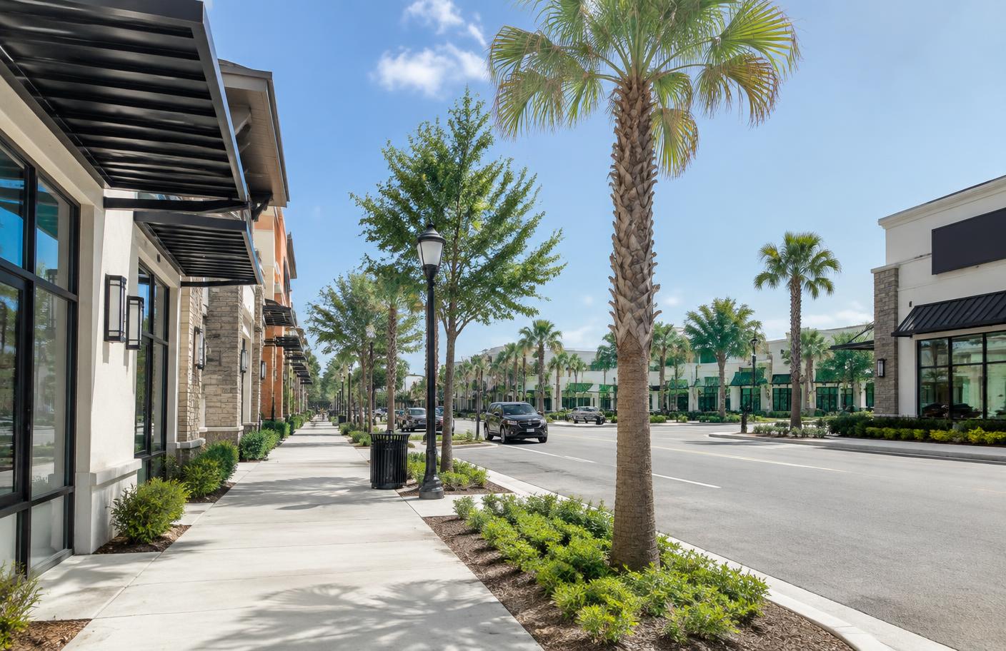 Modern commercial district in St. Cloud, Florida with storefronts and professional business signage.